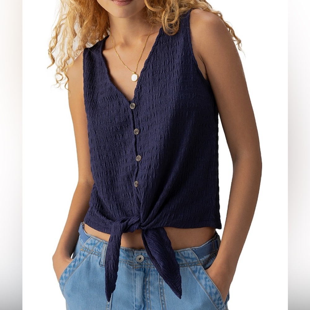 Sanctuary Link Up Button Front Tank Top Textured Tie Hem V Neck Blue S NWT